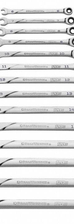 GEARWRENCH Combination Wrench Set: Alloy Steel, Chrome, 14 Tools, 6 mm to 19 mm Range of Head Sizes (MPN 86426). Key specifications — attr309581: Chrome; attr309580: Alloy Steel; attr309571: No; attr309583: No; attr309587: Yes; attr324931: GEARWRENCH; attr309569: 6 mm to 19 mm; attr309572: Storage Rack.
