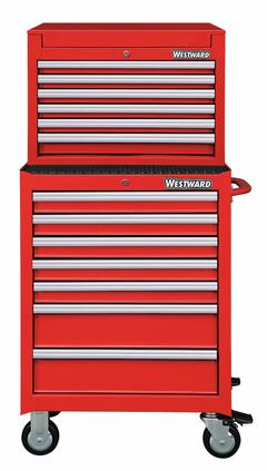 WESTWARD Tool Chest and Cabinet Combination: 13 Drawers, Light Duty, Keyed, Red / Powder Coated (MPN 7CX83). Key specifications — attr1116680: Red; attr1116684: Ball Bearing; attr1116690: WESTWARD; attr1116659: Keyed; attr1116661: Rolling Tool Cabinet 26-3/4 in W x 18 in D x 39-1/2 in H.
