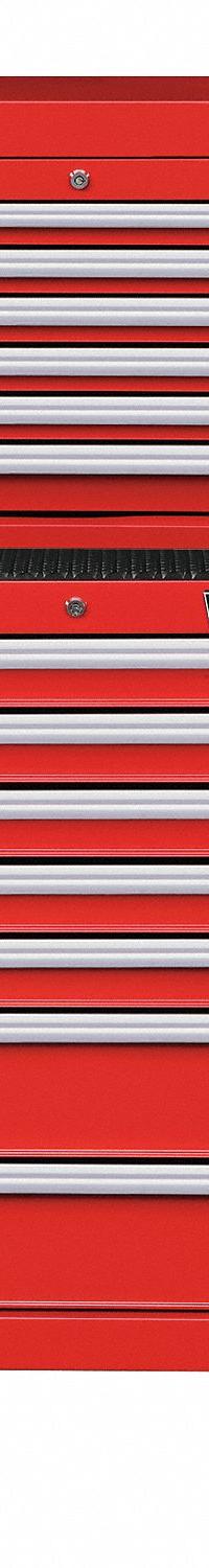 WESTWARD Tool Chest and Cabinet Combination: 13 Drawers, Light Duty, Keyed, Red / Powder Coated (MPN 7CX83). Key specifications — attr1116680: Red; attr1116684: Ball Bearing; attr1116690: WESTWARD; attr1116659: Keyed; attr1116661: Rolling Tool Cabinet 26-3/4 in W x 18 in D x 39-1/2 in H.