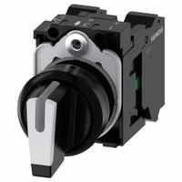 SIEMENS Selector Switch: 22 mm Panel Mounting Size, 3 Positions, Short Lever, 1NO, Non-Metallic (MPN 3SU11002BM603NA0). Key specifications — AC Contact Rating: 10 A @ 500 V; Action: Momentary/Momentary/Momentary; Cam: No Cam Included; DC Contact Rating: 5 A @ 500 V; Hazardous Location Specification: Not Rated; Operator Head Material: Plastic; Operator Head Type: Short-Handled Knob; Operator Illumination: Illuminated.