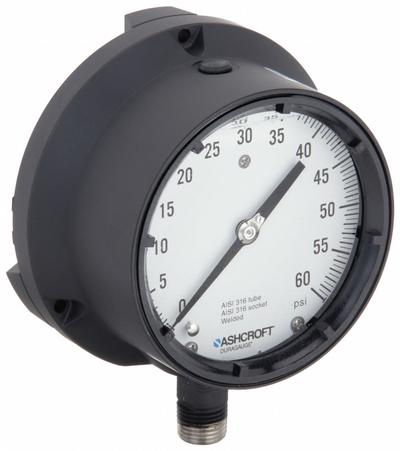 ASHCROFT Process Pressure Gauge: 0 psi to 60 psi, White, 4 1/2 in Dial, 1/2 in NPT Male - Vibration-Resistant All-Stainless Steel Wetted Parts & Casing