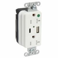 USB Receptacle: Duplex, 5-20R, 2 USB Ports, USB Type A/C, White, 125V AC, 20 A (MPN SNAP8300UACW). Key specifications — Brand: HUBBELL.