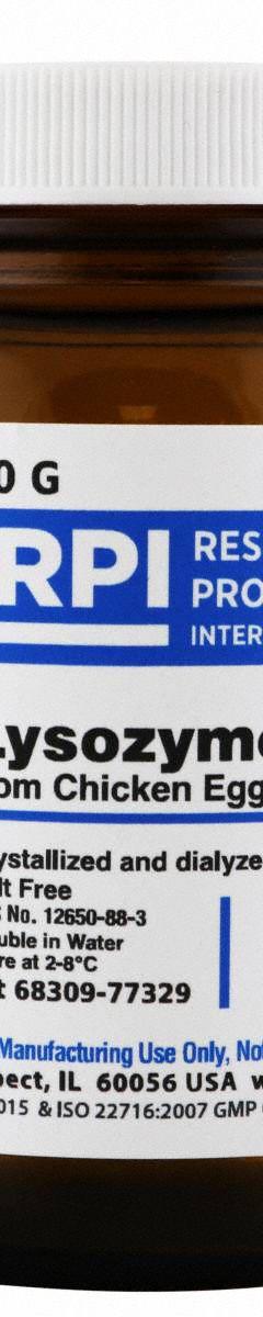 RPI Lysozyme from Chicken Egg White: 10 g Volume, Powder, Glass (MPN L38100-10.0). Key specifications — Form: Powder; Brand: RPI; Chemical Grade: Lab; Container Material: Glass.
