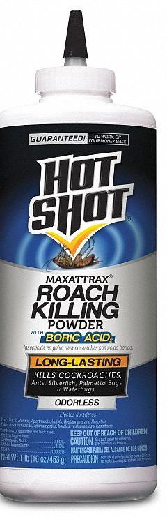 HOT SHOT Roach Killer: For Use On Crawling Insects, Bottle, 16 oz Container Size, Indoor Use (MPN HG-96023). Key specifications — Brand: HOT SHOT; Container Type: Bottle; DEET Concentration: DEET-Free; Form: Powder; Indoor/Outdoor Use: Indoor; Insect Group: Crawling; Targeted Insects: Cockroaches.