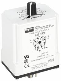 DAYTON Single Function Time Delay Relay: Socket Mounted, 240V AC, 10 A, 8 Pins/Terminals, Interval (MPN 24EN79). Key specifications — Brand: DAYTON.