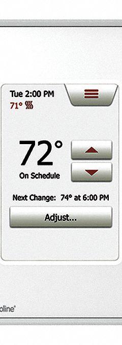 THERMOSOFT Electric Floor Heater Thermostat: 3 3/16 in Overall Wd, 120/240V AC, 41° to 104°F, 7-Day (MPN UDG4-4999). Key specifications — Thermostat Control Type: Touch Screen; Voltage: 120/240V AC; Thermostat Control Range: 41° to 104°F; Includes: Floor Sensor; Brand: THERMOSOFT.