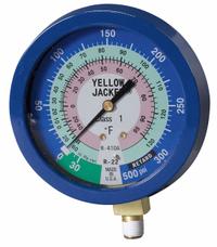 YELLOW JACKET Low Side Gauge: Low Side Gauge, 0 psi to 300 psi, Liquid Filled, 3 1/2 in Dia, Blue (MPN 49516). Key specifications — Brand: YELLOW JACKET; Accuracy: ± 1%; Color: Blue; For Refrigerant Type: R-22.
