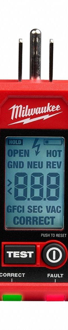 MILWAUKEE TOOL & EQUIPMENT Receptacle Tester: 110 V AC to 125 V AC, 5-15P, GFCI/Std, CAT II 135V (MPN 2224-20). Key specifications — Load Current: 6 to 9 mA; Brand: MILWAUKEE TOOL & EQUIPMENT; CAT Safety Rating: CAT II 135V.
