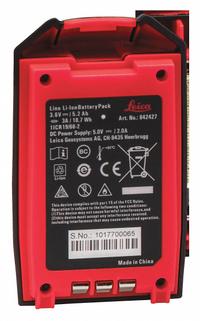 LEICA LINO Battery: Red, Battery, 2 7/8 in Overall Ht, 1 1/2 in Overall Wd, 4 1/2 in Overall Lg (MPN 842427). Key specifications — attr935972: LEICA LINO; attr937993: Battery; attr940214: Red; attr940217: L2G; attr940218: Laser Levels; attr940223: Plastic.
