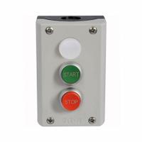 EATON Control Station: (2) Flush Push Buttons/Extended Push Button, 1 Pilot Lights, 1NO/1NC (MPN M22-C3-M2V). Key specifications — attr1022946: Stop; attr1022956: Green; attr211290: EATON; attr1089900: (3) Push Buttons.