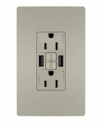 USB Receptacle: Duplex, 5-15R, 2 USB Ports, USB Type A, Nickel, 125V AC, 15 A, GFCI (MPN 1597TRUSBAANIC4). Key specifications — Brand: LEGRAND.
