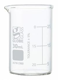 GLOBE SCIENTIFIC Beaker: 30 mL, 1.01 fl oz, A, Low Form, Type I, White, Borosilicate Glass (MPN 8010030). Key specifications — attr1371034: Type I; attr1371051: GLOBE SCIENTIFIC; attr1371062: White.