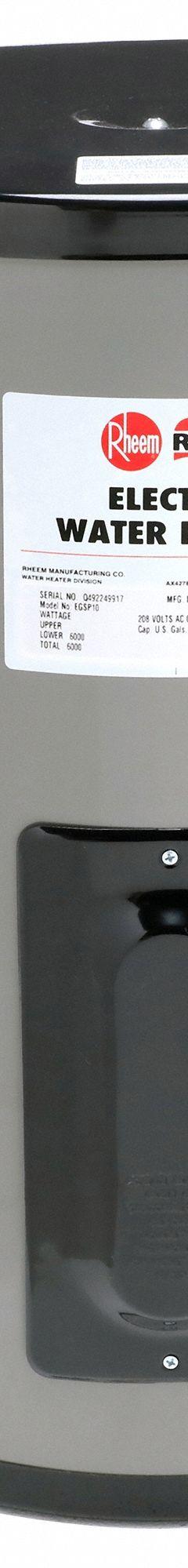 RHEEM-RUUD Point-of-Use Electric Water Heater: 208V, 10 gal, 6,000 W, Single Phase, 22.87 in Ht (MPN EGSP10 208V). Key specifications — Phase: Single; Brand: RHEEM-RUUD.