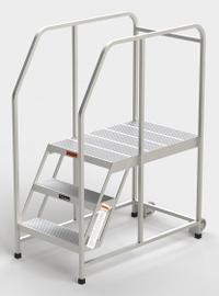 EGA Mobile Work Platform: 2.5 ft Platform Ht - Max, 24 in x 35 in, Aluminum, 300 lb Load Capacity (MPN A004H). Key specifications — Folding: Not Foldable; Mobility: Rolling; Use Location: Indoor; Brand: EGA; Color: Silver; Height Adjustability: Fixed Height; Includes Handrails: Handrails Included; Locking Mechanism: No Locking Mechanism.