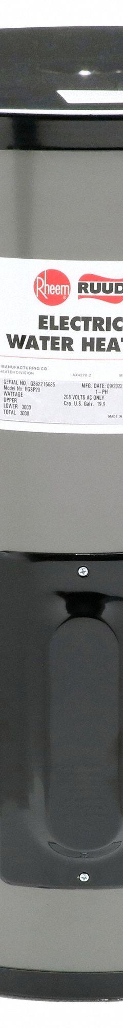 RHEEM-RUUD Point-of-Use Electric Water Heater: 208V, 19.9 gal, 3,000 W, Single Phase, 25.12 in Ht (MPN EGSP20 208V). Key specifications — Phase: Single; Brand: RHEEM-RUUD.