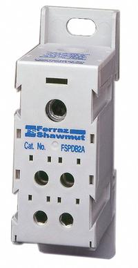 MERSEN Power Distribution Block: Finger-Safe, Lug, Lug, 14 AWG – 2/0 AWG For Line Side Wire Sizes (MPN FSPDB2A). Key specifications — Mounting Type: DIN-Rail; Brand: MERSEN; For Conductor Material: Aluminum.