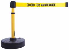 BANNER STAKES Barrier Post with Belt: Yellow, No Pattern, Closed for Maint, 15 ft Belt Lg, Yellow (MPN PL4090). Key specifications — attr981465: Yellow; attr981461: BANNER STAKES; attr981443: Yellow; attr981449: Closed for Maintenance; attr981448: Black.