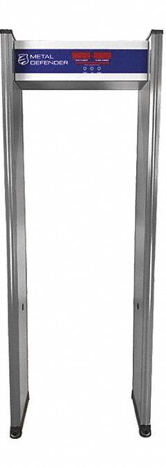 METAL DEFENDER Walk-Through Metal Detector: 1 Zone, 87 1/4 in x 27 3/4 in x 16 in, Battery Operated (MPN MD-1). Key specifications — Battery Chemistry: Lithium Ion; Brand: METAL DEFENDER; Alert Type: Light; Power Source: Battery Operated.