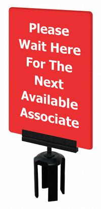 TENSABARRIER Acrylic Sign: Red, Please Wait Here For The Next Available Associate Message (MPN S15-P-21-7X11-V-HDSB-1701-33). Key specifications — Brand: TENSABARRIER; Color: Red; Includes: Mounting Adapter; Message: Please Wait Here For The Next Available Associate; For Use With: Tensabarrier Posts; Material: Acrylic.
