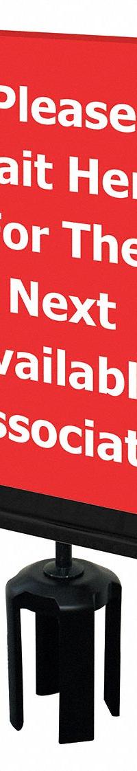 TENSABARRIER Acrylic Sign: Red, Please Wait Here For The Next Available Associate Message (MPN S15-P-21-7X11-V-HDSB-1701-33). Key specifications — Brand: TENSABARRIER; Color: Red; Includes: Mounting Adapter; Message: Please Wait Here For The Next Available Associate; For Use With: Tensabarrier Posts; Material: Acrylic.