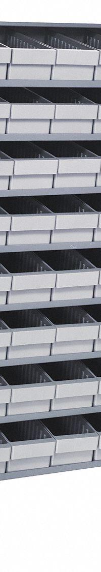 QUANTUM STORAGE SYSTEMS Pick Rack: 36 in x 36 in x 60 in, 2 Usable Sides, 16 Shelves, 96 Bins, Gray (MPN QPRD-602GY). Key specifications — Bin HxWxD: (96) 4-5/8 in x 5-9/16 in x 17-7/8 in; Frame Material: Steel; Frame Color: Gray; Bin Color: Gray; Brand: QUANTUM STORAGE SYSTEMS.