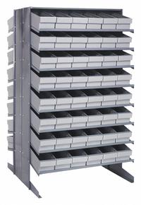 QUANTUM STORAGE SYSTEMS Pick Rack: 36 in x 36 in x 60 in, 2 Usable Sides, 16 Shelves, 96 Bins, Gray (MPN QPRD-602GY). Key specifications — Bin HxWxD: (96) 4-5/8 in x 5-9/16 in x 17-7/8 in; Frame Material: Steel; Frame Color: Gray; Bin Color: Gray; Brand: QUANTUM STORAGE SYSTEMS.