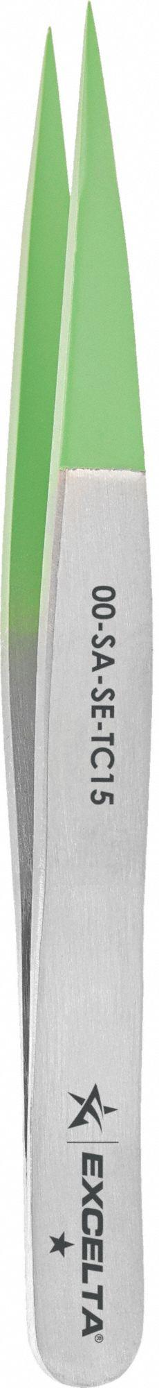 EXCELTA Tweezers: Stainless Steel, Point, Straight Tip, 1.5 mil Tip Thick (MPN 00-SA-SE-TC15). Key specifications — attr1002355: Stainless Steel; attr1002345: EXCELTA; attr1002348: Stainless Steel; attr1002358: Smooth; attr1002361: 00-SA; attr1024781: Standard.