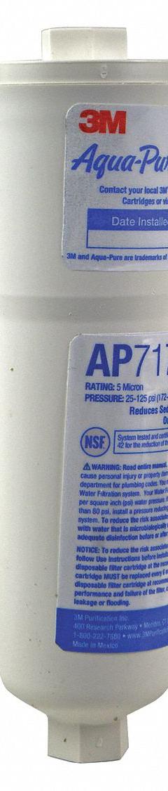 3M AQUA-PURE Inline Water Filter: 5 micron, 0.5 gpm, 8 3/8 in Overall Ht, 2 1/4 in Overall Dia (MPN AP717). Key specifications — Filter Media: Carbon; Brand: 3M AQUA-PURE; Reduces: Scale.
