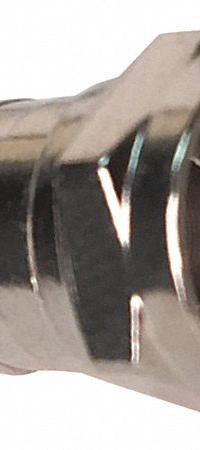 VITEK Crimp Connector: Female, Connector, Silver, Crimp-On, RG-6, 1 GHz Max Freq, F-Type, 100 PK (MPN VT-F-CRMP-RG6100). Key specifications — Product Type: Connector; Brand: VITEK; Color: Silver; Finish: Chrome Plated; Gender: Female.