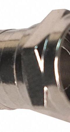 VITEK Crimp Connector: Female, Connector, Silver, Crimp-On, RG-6, 1 GHz Max Freq, F-Type, 100 PK (MPN VT-F-CRMP-RG6100). Key specifications — Product Type: Connector; Brand: VITEK; Color: Silver; Finish: Chrome Plated; Gender: Female.