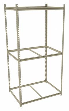 TENNSCO Boltless Shelving: Starter, Medium-Duty, 42 in x 30 in, 84 in Overall Ht, 4 Shelves, Open (MPN ZKMS-423084). Key specifications — Finish: Powder Coated; Maximum Post Load Capacity: 8,000 lb with Beams Evenly Spaced at 24 in; Decking Material: None; Color: Sand; Beam Profile: Z-Beam; Brand: TENNSCO; Side Panel: Open.