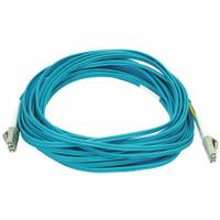 MONOPRICE Fiber Optic Patch Cord: Multi-Mode, 10 m Lg, LC End 1, LC End 2, Aqua, PVC, 2 Fiber Count (MPN 6389). Key specifications — Fire Rating: Riser; Jacket Material: PVC; Number of Fibers: Duplex; Brand: MONOPRICE; _Fiber Optic Cable Style: 50/125µ OM4.
