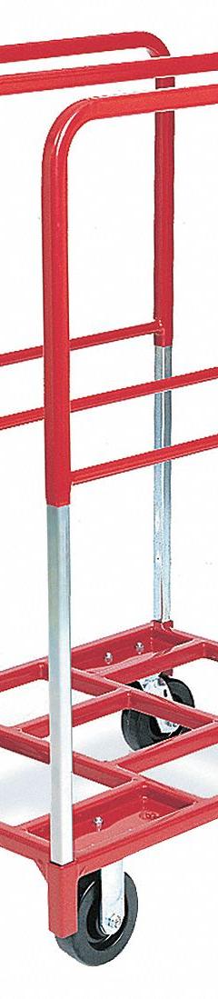 RAYMOND PRODUCTS Panel Truck: 2,400 lb, Red, 38 1/2 in L x 27 1/2 in W x 45 in H Deck, 3 Rails, Open (MPN 3829). Key specifications — Color: Red; Caster/Wheel Configuration: (2) Swivel; Brand: RAYMOND PRODUCTS.
