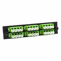 FIBERTRONICS Fiber Optic Adapter Plate: Single Mode, OS2, 24 Fiber Ports, LC, APC, Quad, Green, LGX (MPN LGX-LCQX-6G). Key specifications — Brand: FIBERTRONICS; Connector Type: LC; Port Configuration: Quad; Color: Green; Contact Type Finish: APC.