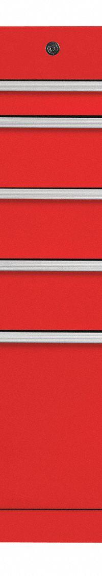 PROTO Side Cabinet: Red, 5 Drawers, Keyed, 19 in W x 25 1/4 in D x 34 in H, Red / Gloss, 550S (MPN J551934-5RD-SC). Key specifications — Brand: PROTO; Drawer Color: Red; Drawer Slide Type: Ball Bearing; Series: 550S; Locking System: Keyed.