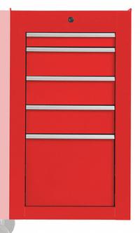 PROTO Side Cabinet: Red, 5 Drawers, Keyed, 19 in W x 25 1/4 in D x 34 in H, Red / Gloss, 550S (MPN J551934-5RD-SC). Key specifications — Brand: PROTO; Drawer Color: Red; Drawer Slide Type: Ball Bearing; Series: 550S; Locking System: Keyed.