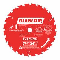 DIABLO Circular Saw Blade: 7 1/4 in Blade Dia., 24 Teeth, 0.06 in Cut Wd, 5/8 in Arbor Size, Framing (MPN D0724A). Key specifications — attr1116119: DIABLO; attr1145631: Wood.