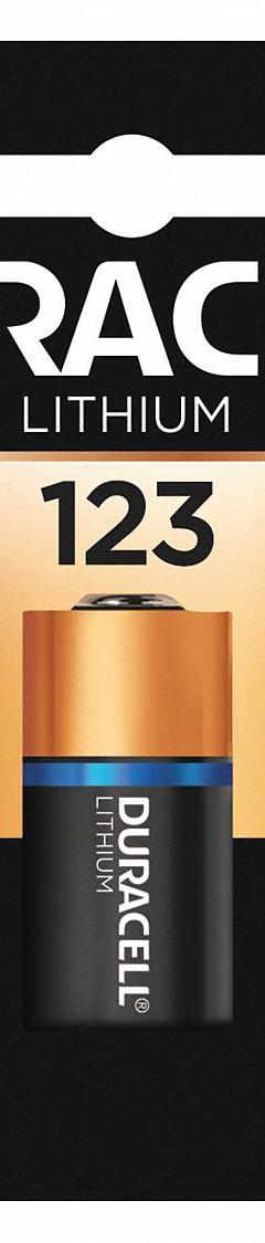 DURACELL Battery: 123 Battery Size, Lithium, 1,550 mAh Capacity, 3V DC (MPN DL123ABPK). Key specifications — attr114739: Lithium; attr117152: DURACELL.