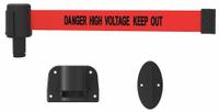 BANNER STAKES Retractable Belt Head: Red, 42 in Overall Ht, 15 ft Belt Lg, 2 1/2 in Belt Wd (MPN PL4053). Key specifications — attr193628: BANNER STAKES; attr983760: No Pattern; attr983762: Danger High Voltage Keep Out; attr981605: (5) 15 ft Retractable Belts.