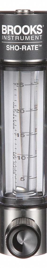 BROOKS Mechanical Flowmeter: Flow Meter, Scale, Variable Area, Panel Mount, Vertical, Liters, FNPT (MPN 1250AD6073AFSVV). Key specifications — Display Type: Scale; O-Ring Material: Viton; Includes Flow Rate Adjustment Knob: Yes; Includes Pressure Guage: No; Mounting Orientation: Vertical; Unit Of Measure: Liters; Brand: BROOKS; Accuracy: +/-5%.