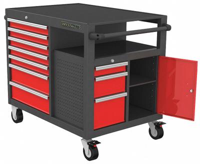 WESTWARD Rolling Tool Cabinet: Gray / Red Drawer, 44 1/4 in W x 31 1/8 in D x 40 in H - Light-Duty Rolling Tool Cabinets