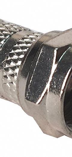 VITEK Twist Connector: Female, Connector, Silver, Twist-On, RG-59, 1 GHz Max Freq, F-Type, 100 PK (MPN VT-F-TWST100). Key specifications — Product Type: Connector; Brand: VITEK; Color: Silver; Finish: Chrome Plated; Gender: Female.