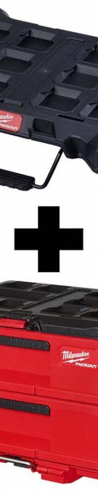 MILWAUKEE PACKOUT Dolly and Tool Box: Polymer, Black/Red, 22 1/4 in W x 14 1/4 in H x 16 1/4 in D (MPN 48-22-8410,48-22-8442). Key specifications — attr1117293: MILWAUKEE; attr1117382: Polymer; attr1117383: Red.