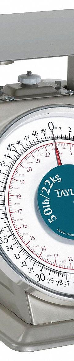 TAYLOR Dial Scale: 8 3/4 in Weighing Surface Dp, 8 3/4 in Weighing Surface Wd, 10 5/8 in Overall Ht (MPN THD50). Key specifications — Brand: TAYLOR.