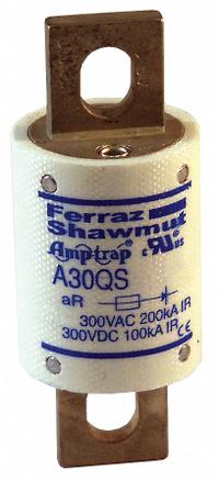 Semiconductor Fuse: A30QS Series, Fast-Acting, 100 A, 300 V AC, 300 V DC DC Volt Rating (MPN A30QS100-4). Key specifications — Series: A30QS; Brand: MERSEN; Voltage Type: AC/DC.
