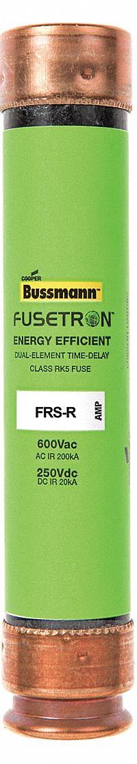 BUSSMANN Fuse: Class RK5, FRS-R Series, Time-Delay, 15 A, 600 V AC, 300 V DC, Non-Indicating (MPN FRS-R-15). Key specifications — Series: FRS-R.