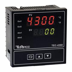 TEMPCO Temperature Controller: TEC-4300, 1/4 DIN Size, Universal, PID, 90 to 264V AC, Digital, 0.125 (MPN TEC55001). Key specifications — Brand: TEMPCO; Alarms: Relay-2A; Control Mode: PID; Current: 0.125; Display Type: Digital; Input Voltage: 90 to 264V AC; Output: 2 A Relay; Product Type: Temperature Controller.