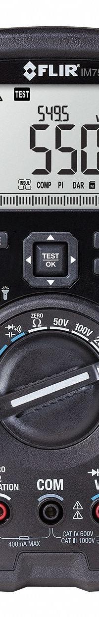 FLIR Digital Multimeter: 4 megaohm to 20 gigohm, CAT III 1000V/CAT IV 600V, IP54, Digital, Bluetooth (MPN IM75-2). Key specifications — IP Rating: IP54; Test Voltage: 1,000V DC; Brand: FLIR.