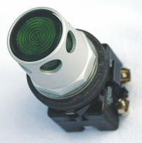 EATON Illuminated Push Button: Illuminated, Extended Profile, Metallic, 30 mm, 1NO/1NC (MPN HT8GDGABF7). Key specifications — Brand: EATON; Action: Momentary; Series: HT800; Push Button Material Type: Metallic.