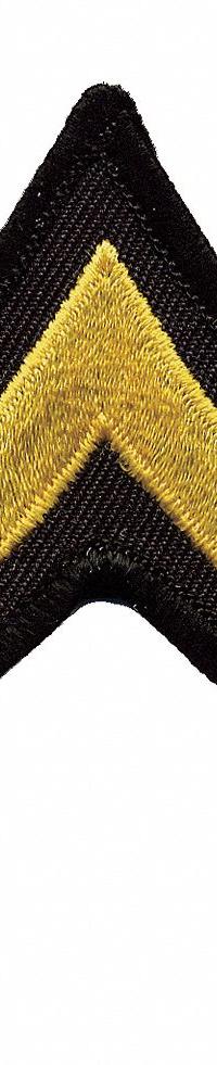 HEROS PRIDE Embroidered Patch: PFC, 3 in, Black/Gold, Plastic, Rank Insignia, 1 PR (MPN 15404P). Key specifications — attr188498: 3 in; attr188499: Gold; attr188500: Plastic; attr188503: PFC; attr193746: HEROS PRIDE.
